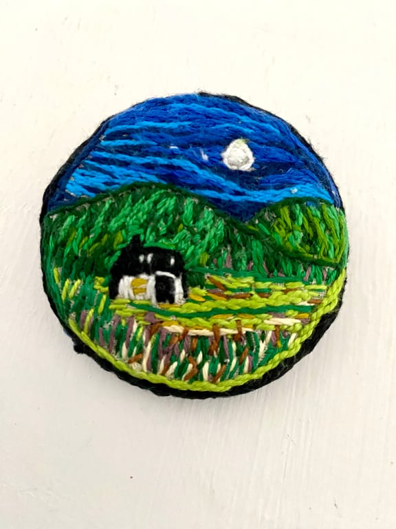 Hand embroidered brooch, mini landscape 