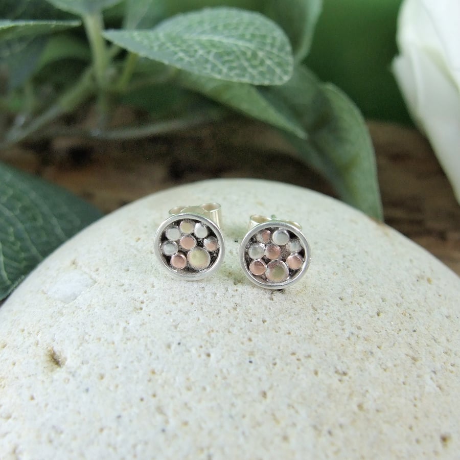 Sterling Silver Bubbles Earrings 8mm Silver Studs with Copper and Brass Accents