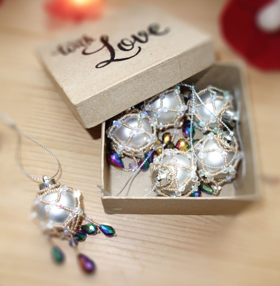 6 x silver and petrol Christmas Xmas Baubles Boxed