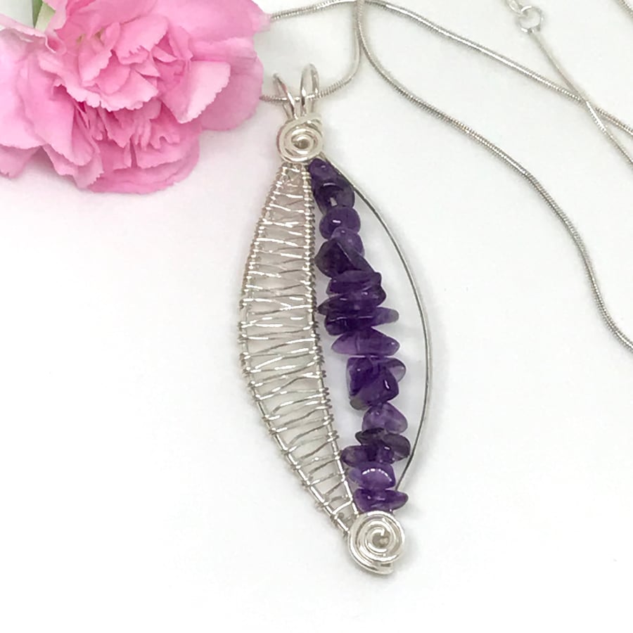 Sterling Silver Amethyst Leaf Pendant, Wire Wrapped 