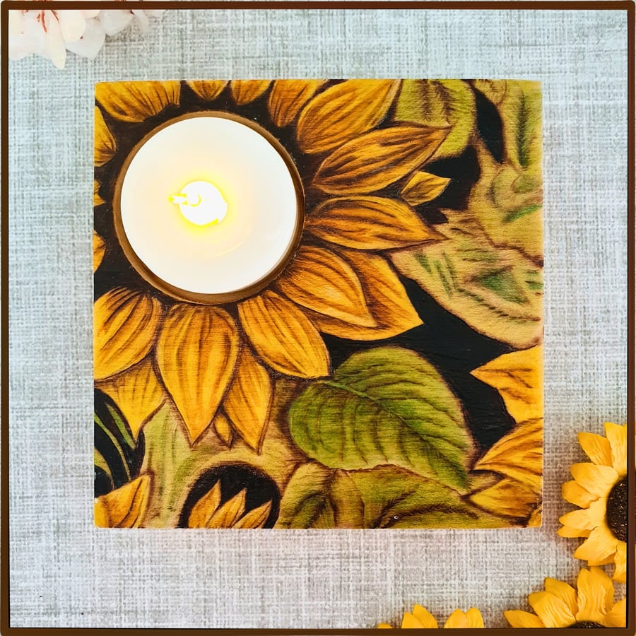 Wooden Tealight Holder with Pyrography Sunflowers, No-Flame Tealight Included