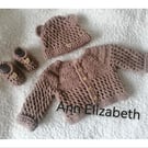 Baby bear newborn cardigan, hat and bootees. Baby gift, coming home outfit