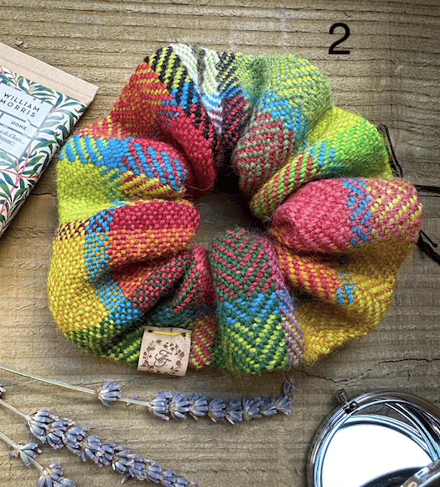 Hair Scrunchie in Colourful Hand Dyed Bold Spring Colours in British Wool Tweed