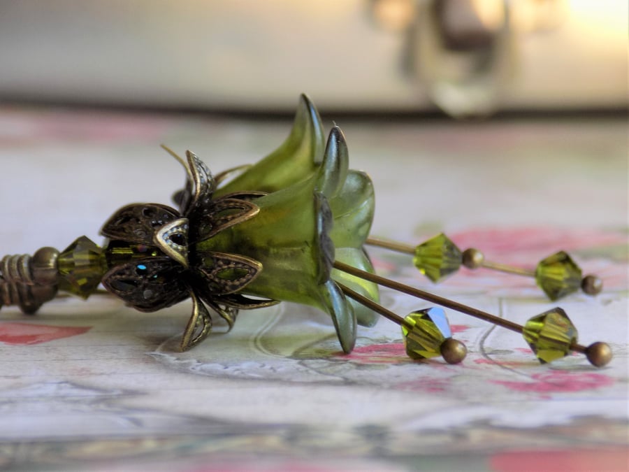 Olive Grove Hand Painted Lucite Flower Earrings, Floral Boho Dangle 