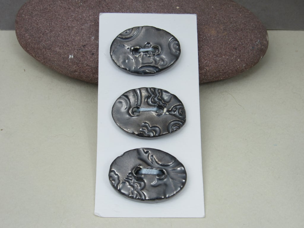 3 Medium Oval Metallic Pewter Brocade Pattern Ceramic Buttons