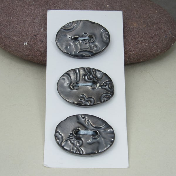 3 Medium Oval Metallic Pewter Brocade Pattern Ceramic Buttons