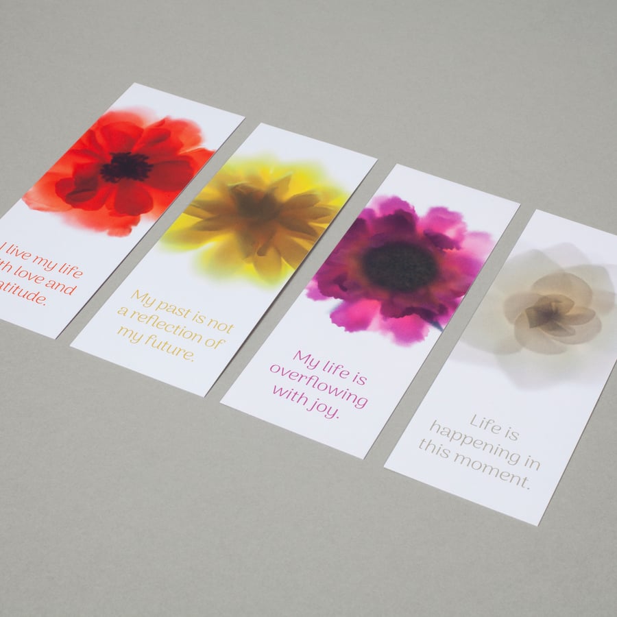 Pack of 4 bookmarks with flower images and inspirational motivational messages 