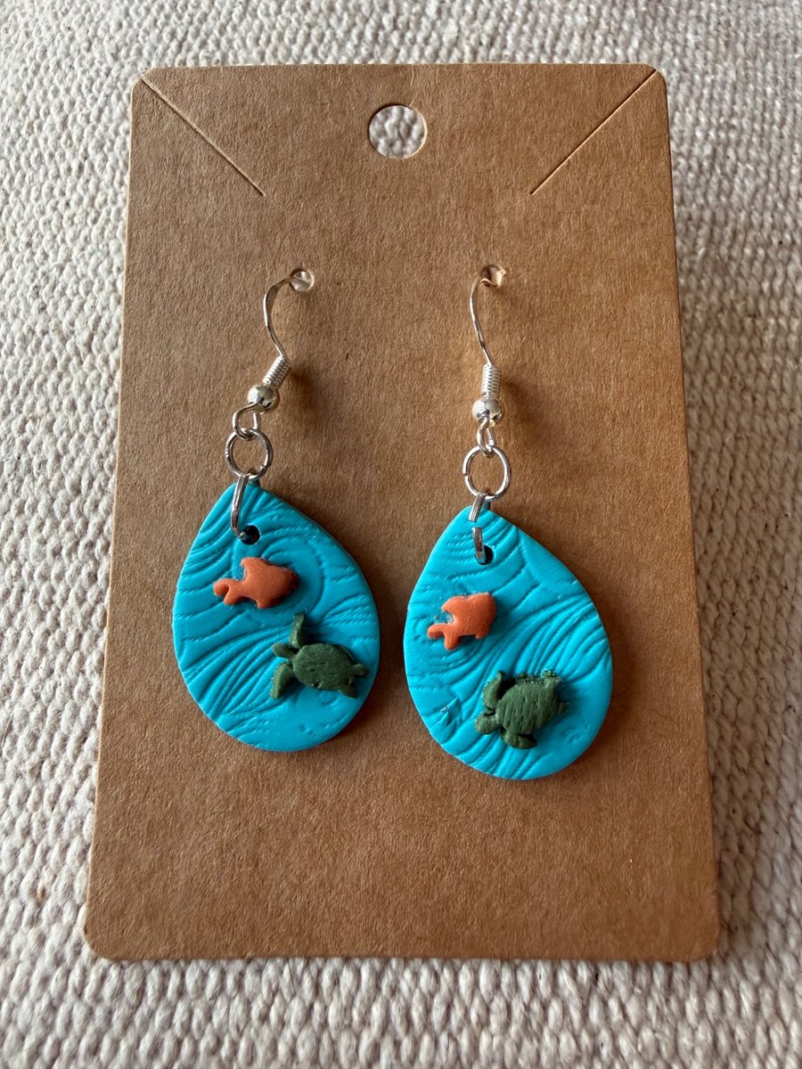 Fish and turtle polymer clay droplet earrings