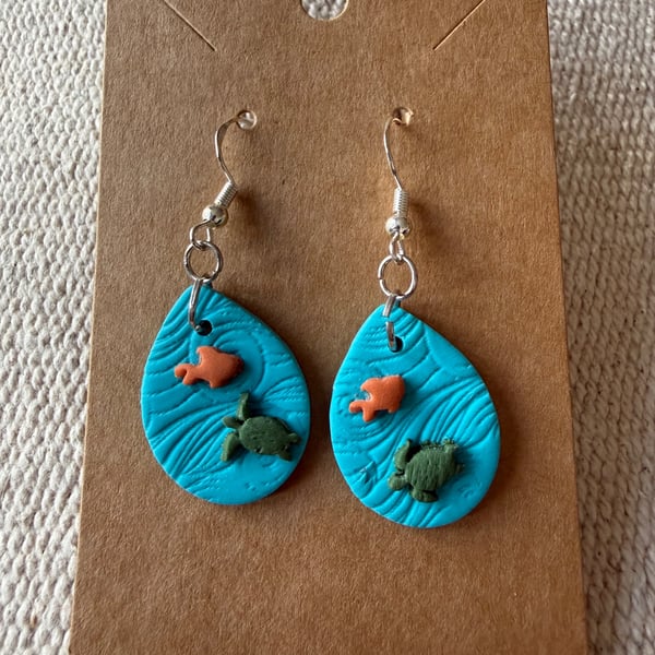 Fish and turtle polymer clay droplet earrings