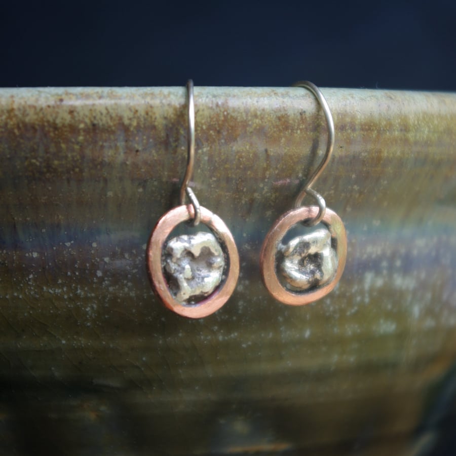 Silver Nugget and Copper Dangle Earrings