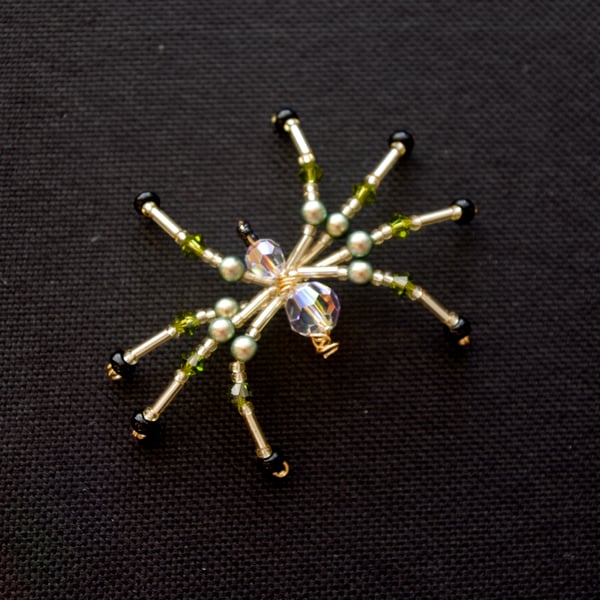 Beaded Christmas Spider Decoration. Gold & Green Beady Christmas Spider