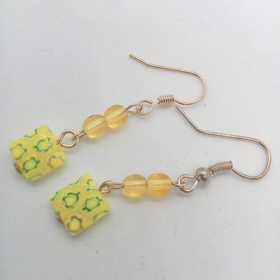 Yellow Millefiori Square Bead Earrings For Pierced Ears, Christmas Gift for Her