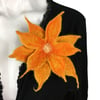 Wet felted merino wool flower brooch, corsage or lapel pin in yellow and orange