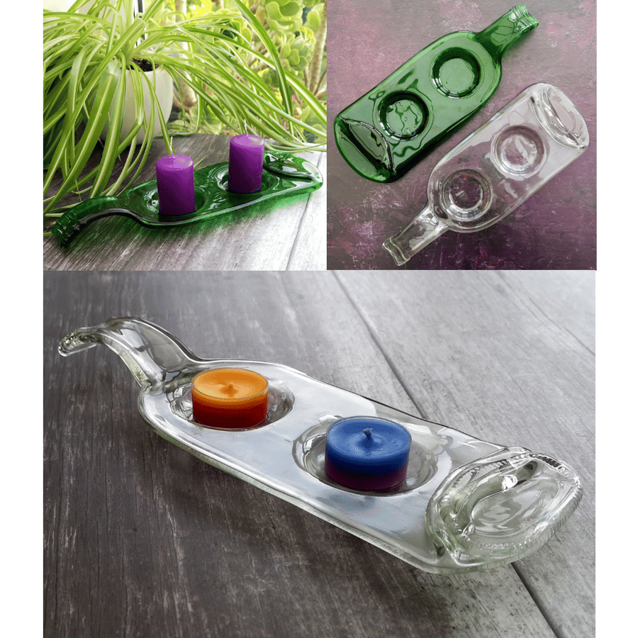 Handmade Fused Glass Recycled Wine Bottle Tealight or Small Candle Holder 