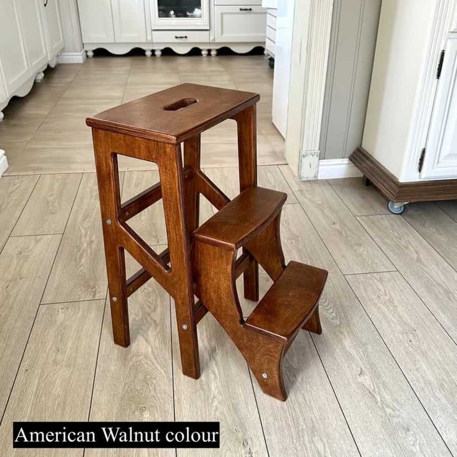 Wooden Folding Step Stool, Kitchen Step Ladder, Handmade in Britain.
