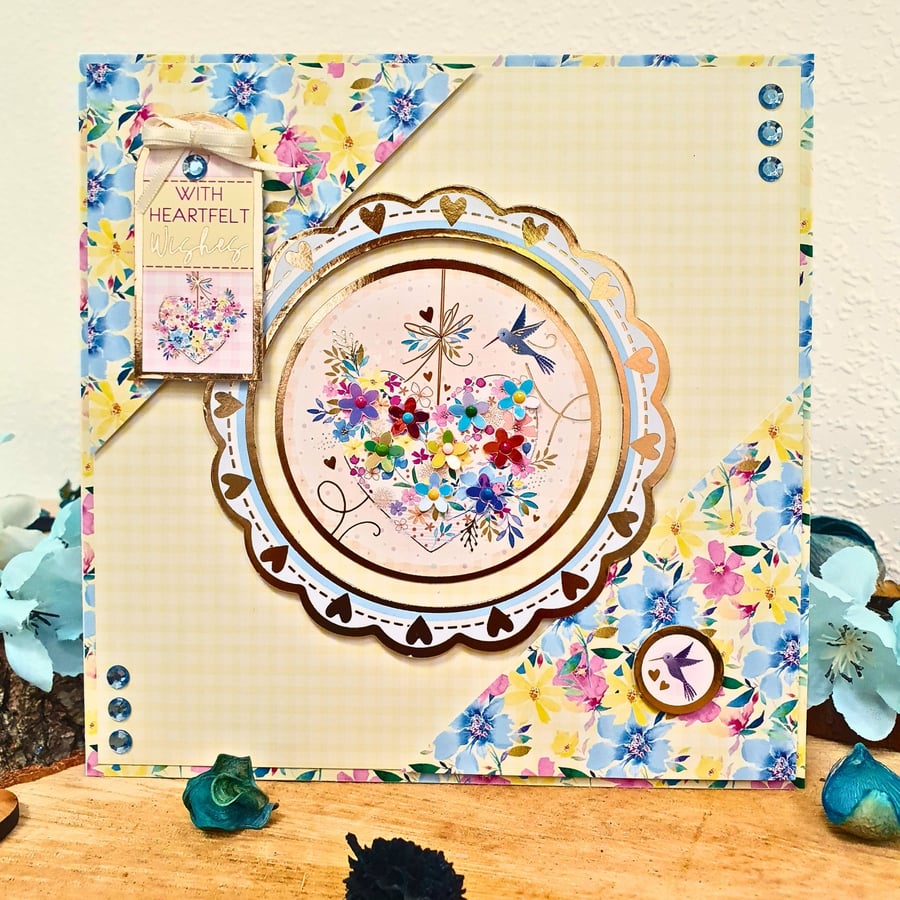 Many Occasions Handmade Card Feat. A Floral Hanging Heart, With Heartfelt Wishes