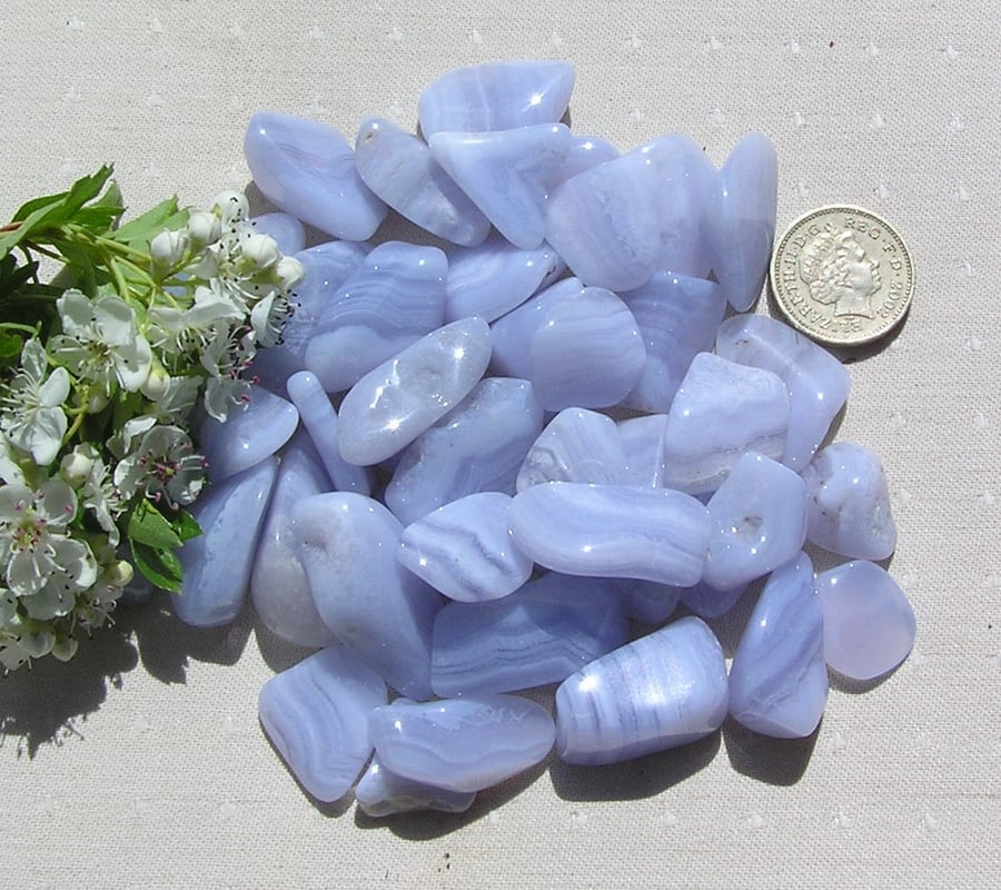 8 Blue Lace Agate Crystal Polished Tumblestones , Chakra, Reiki, Craft, Mosaic