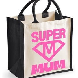 Super Mum Midi Jute Shopper Lunch Bag Mothers Day Birthday Christmasl