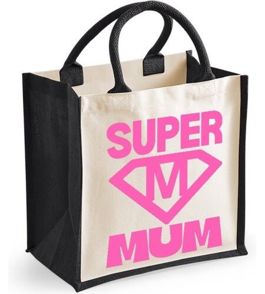 Super Mum Midi Jute Shopper Lunch Bag Mothers Day Birthday Christmasl