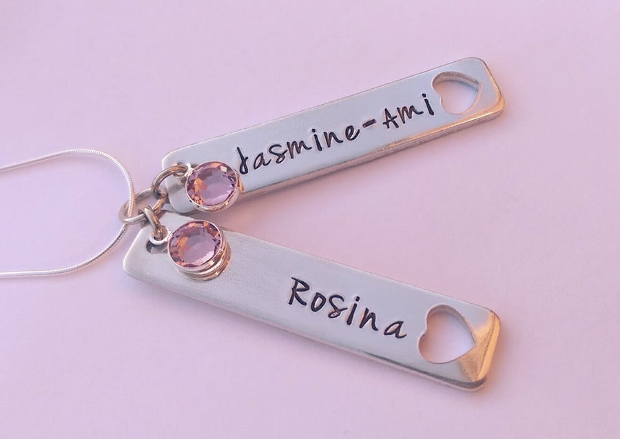 Hand Stamped personalised rectangle double tag name necklace with heart cutout