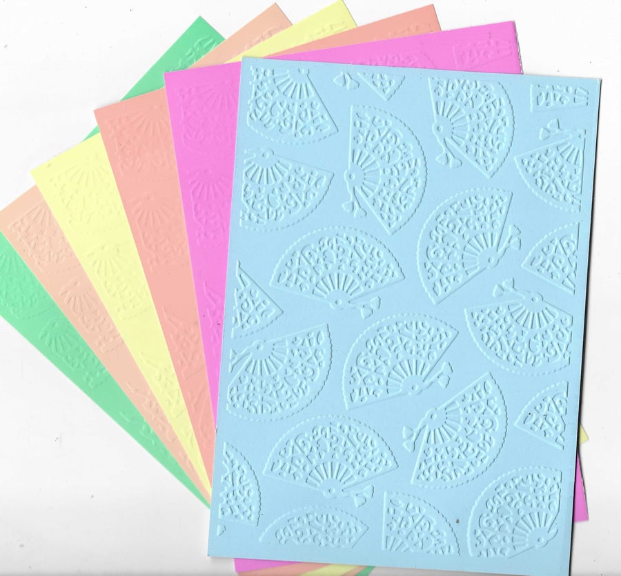 Embossed Card & Paper. 10 Sheets. 5"x7". Assorted Colours. Fans (19)