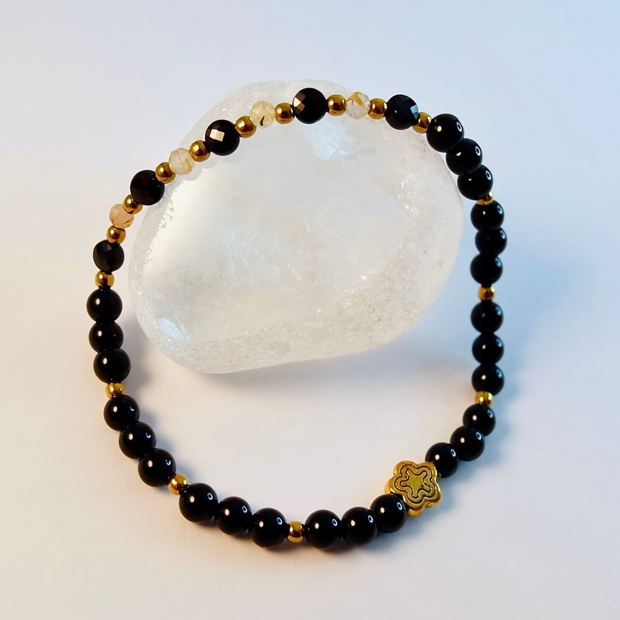 Spinel, Onyx, & Rutilated Quartz Bracelet - Birthday, Anniversary, Gifts For Her