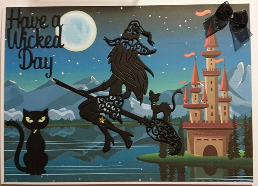 Sexy Flying Witch Card Have A Wicked Day Castle Black Cats 3D Luxury Handmade
