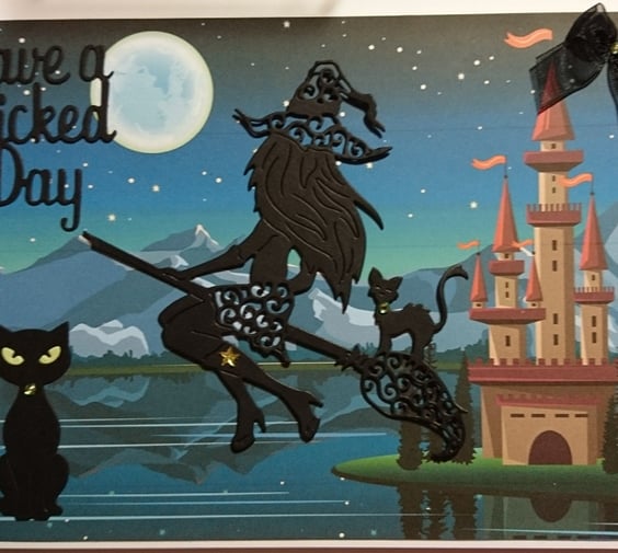 Sexy Flying Witch Card Have A Wicked Day Castle Black Cats 3D Luxury Handmade