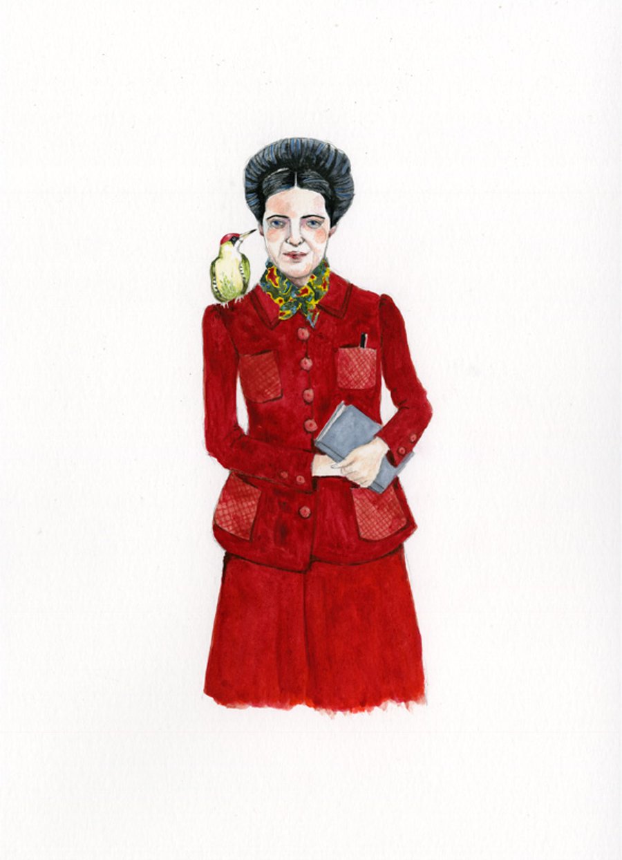 Simone de Beauvoir with a woodpecker Giclee A4 print art