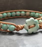 SALE Turquoise jasper and bronze leather bracelet with ceramic flower button  - Image 3