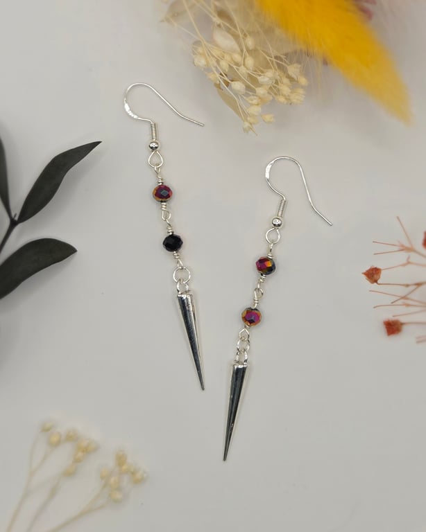 Sterling Silver Spike Dangle Earrings with Faceted Black-Rainbow Beads