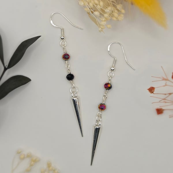 Sterling Silver Spike Dangle Earrings with Faceted Black-Rainbow Beads