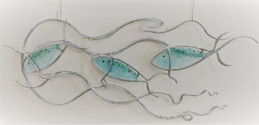 Under the Sea fish wall panel, beautifully hand crafted glass a galvanised steel