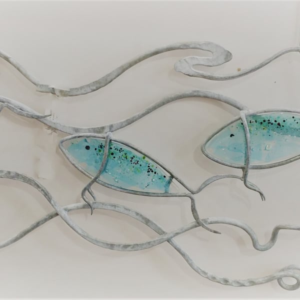 Under the Sea fish wall panel, beautifully hand crafted glass a galvanised steel