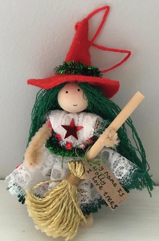 Tiny Witch Doll Hanging Decoration - Red And Green 
