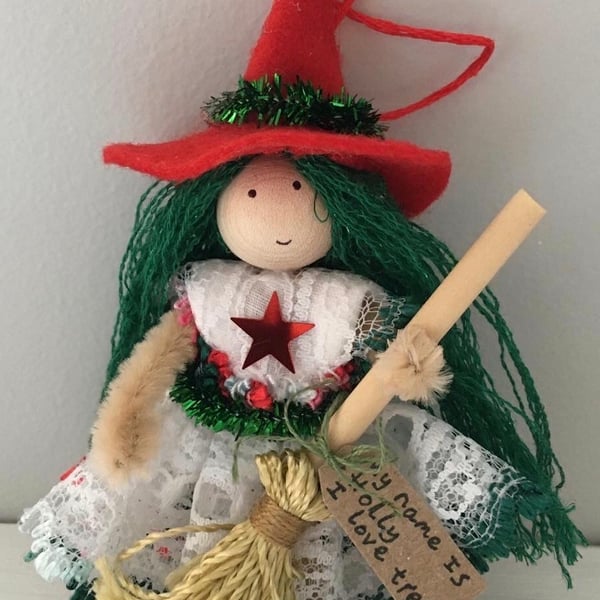 Tiny Witch Doll Hanging Decoration - Red And Green 