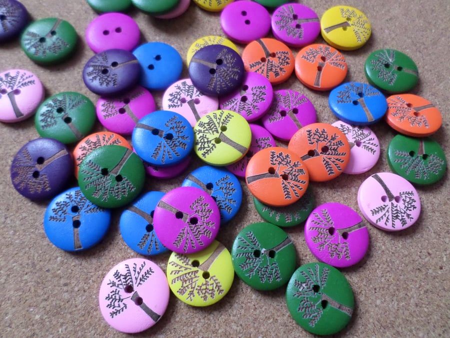 30 x 2-Hole Etched Wooden Buttons - Round - 20mm - Tree - Mixed Colour 