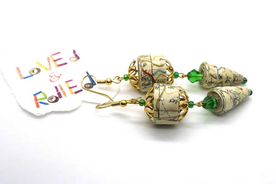 Long light earring made of old OS map of Shrewsbury