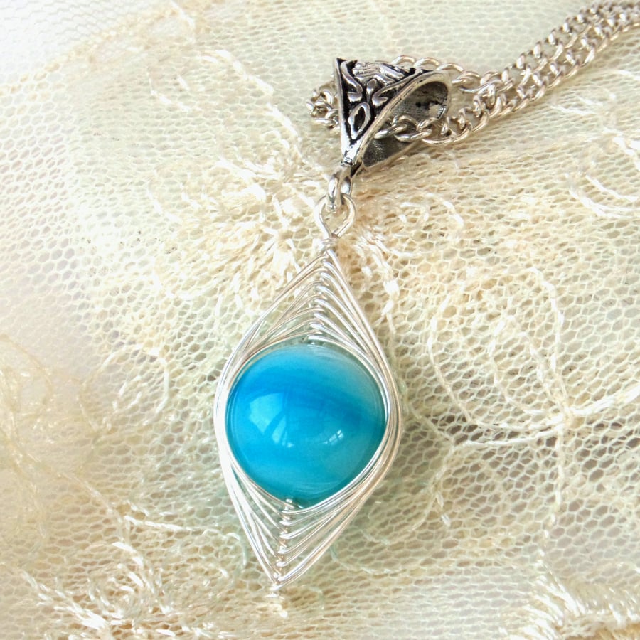 Sky blue wire wrapped agate necklace