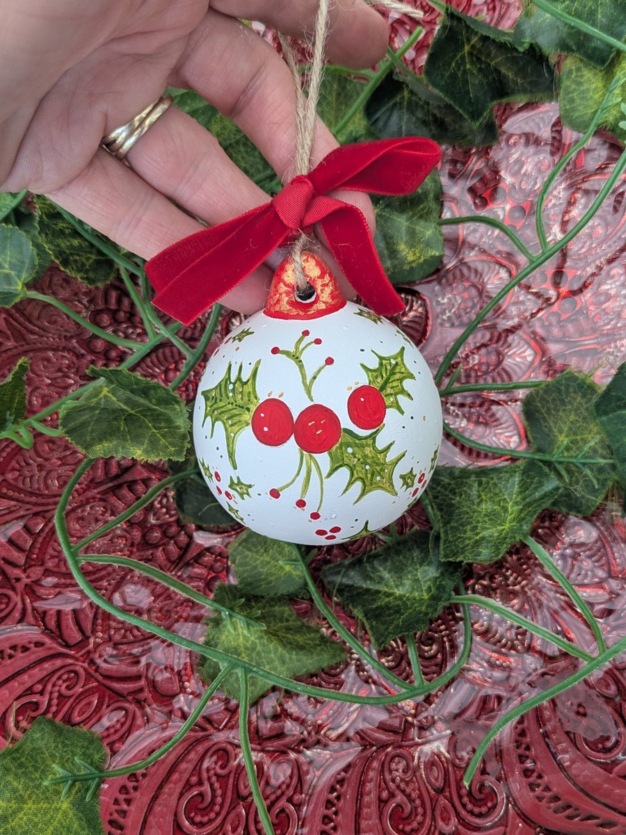 Holly Berry hand-painted Christmas ceramic bauble