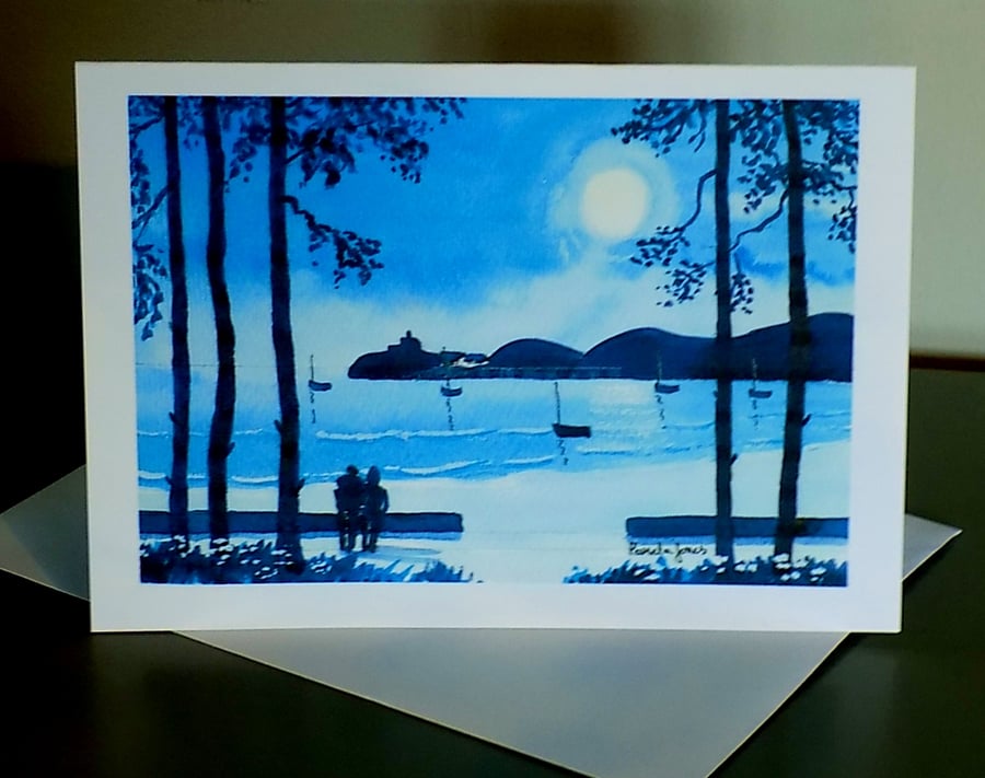 Art Greetings Card, Walk in The Moonlight, Mumbles, South Wales, Blank Inside A5