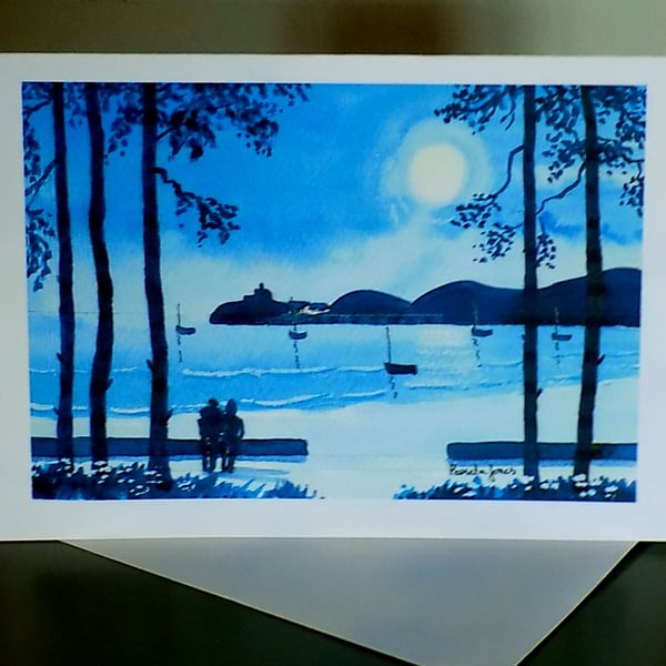Art Greetings Card, Walk in The Moonlight, Mumbles, South Wales, Blank Inside A5
