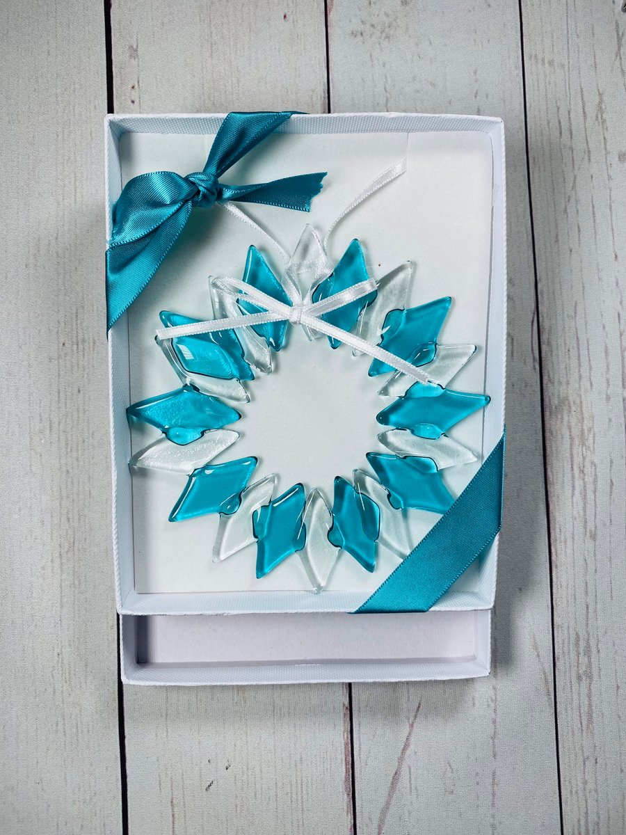 Blue ice  fused glass wreath - glass Christmas decoragions 