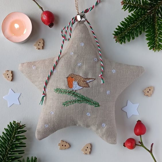 Star Christmas Decoration with Embroidered Robin