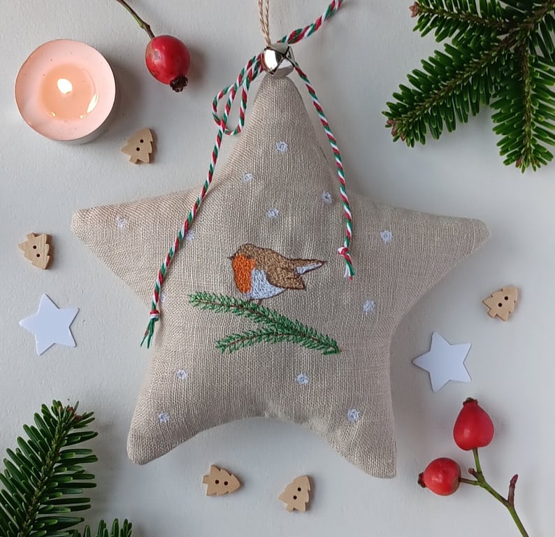 Star Christmas Decoration with Embroidered Robin