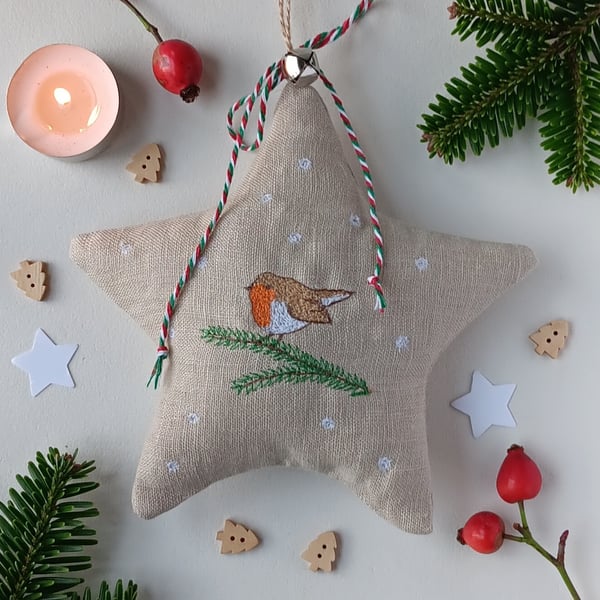 Star Christmas Decoration with Embroidered Robin