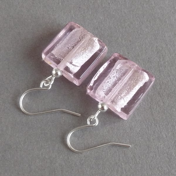 Square Baby Pink Fused Glass Drop Earrings - Light Pink Silver Foil Lined Dangle