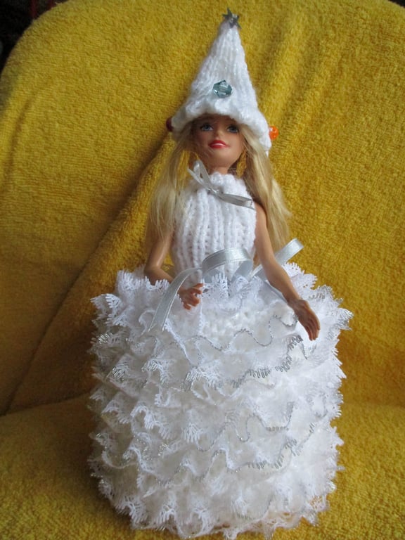 Hand Knitted White Christmas Tree Doll Spare Toilet Roll Cover