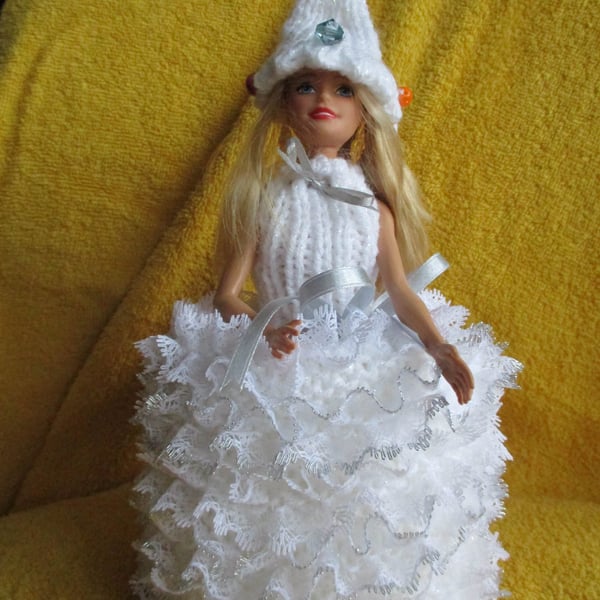 Hand Knitted White Christmas Tree Doll Spare Toilet Roll Cover