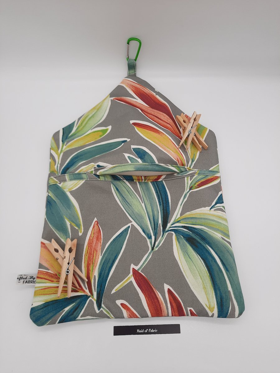 Clip on peg bag in grey and colourful plant print.  Free uk delivery 
